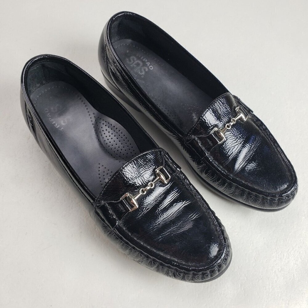 SAS Metro Horsebit Slip On Shoe Womens 8 Black Patent Leather Comfort Loafer